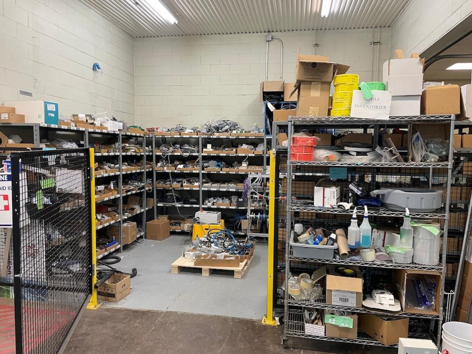 LOT CONTENTS (2) MAINTENANCE AND SUPPLY ROOMS INCLUDING: (9) METAL RACKS W ELECTRICAL COMPONENT AND