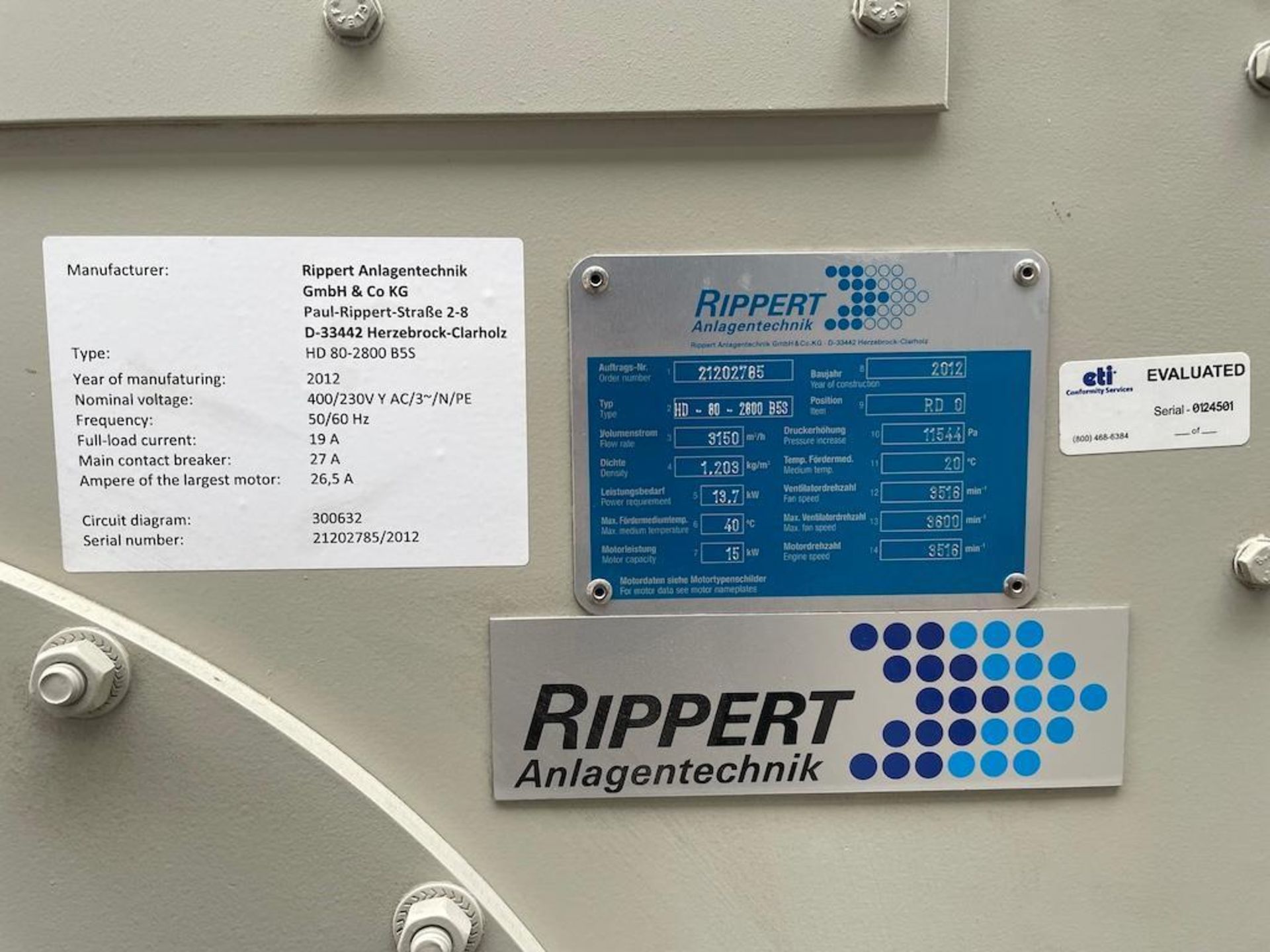 LOT (3) PCS INCLUDING: 2012 RIPPERT SUCTION FAN, TYPE HD-80-2800 B5S, FLOW RATE 3150 M3/H, APPROX 15 - Image 6 of 8