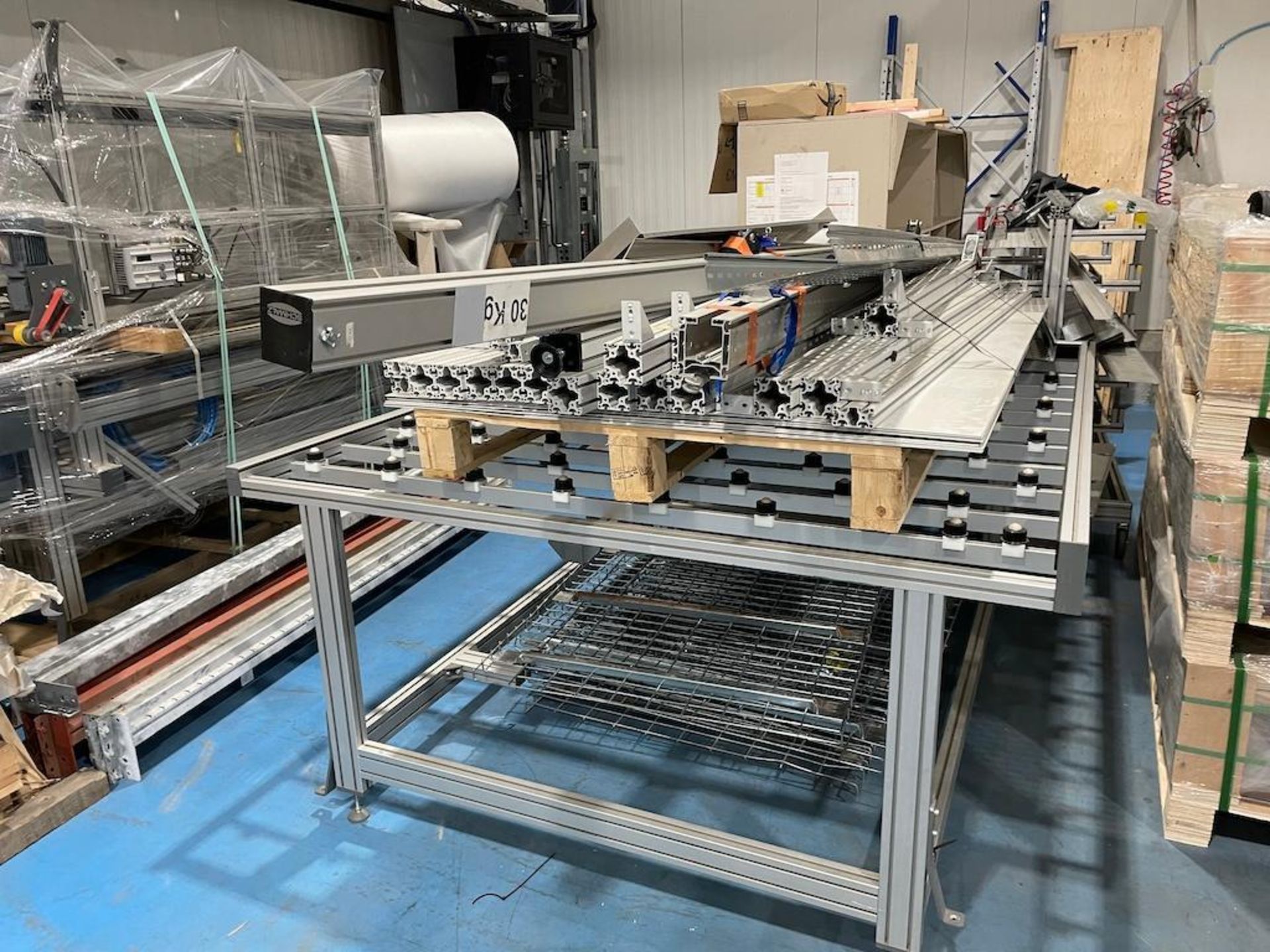LOT: ASSORTED FRAMING, CONVEYORS, (2) REIS ROBOT FRAMES ONLY (MOTORS NOT INSTALLED), LINE COMPONENTS