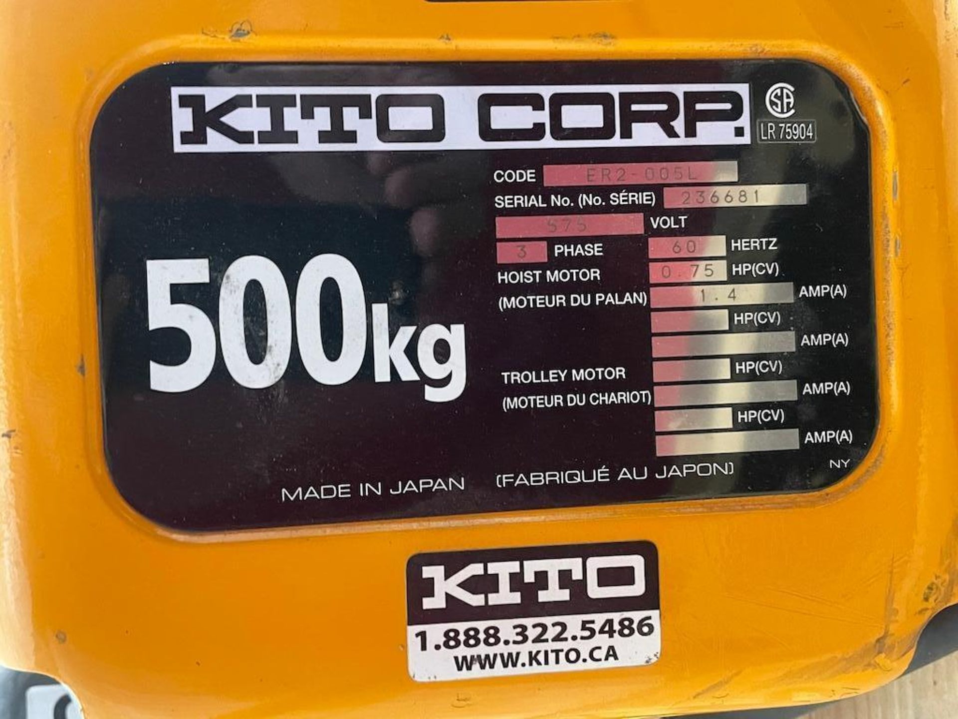 KITO 500 KG CAPACITY HOIST [TROIS RIVIERES] *PLEASE NOTE, EXCLUSIVE RIGGING FEE OF $50 WILL BE ADDED - Image 2 of 3