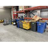 LOT ASSORTED GARBAGE BINS, DOLLIES, MOPS, BROOMS, STRAPS, SAFETY, CLEANING [TROIS RIVIERES]*PLEASE N