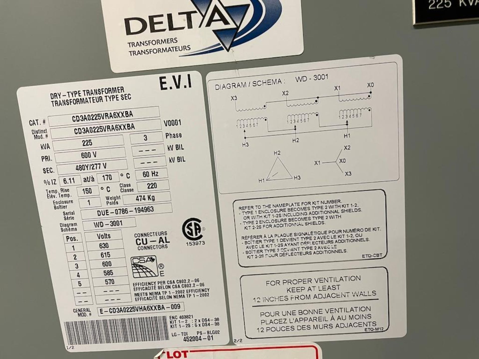 DRY TYPE TRANSFORMER, 225 KVA, 3 PHASE, 600V, SEC 480Y/277V [UPSTAIRS MEZZANINE] [TROIS RIVIERES]*PL - Bild 2 aus 2