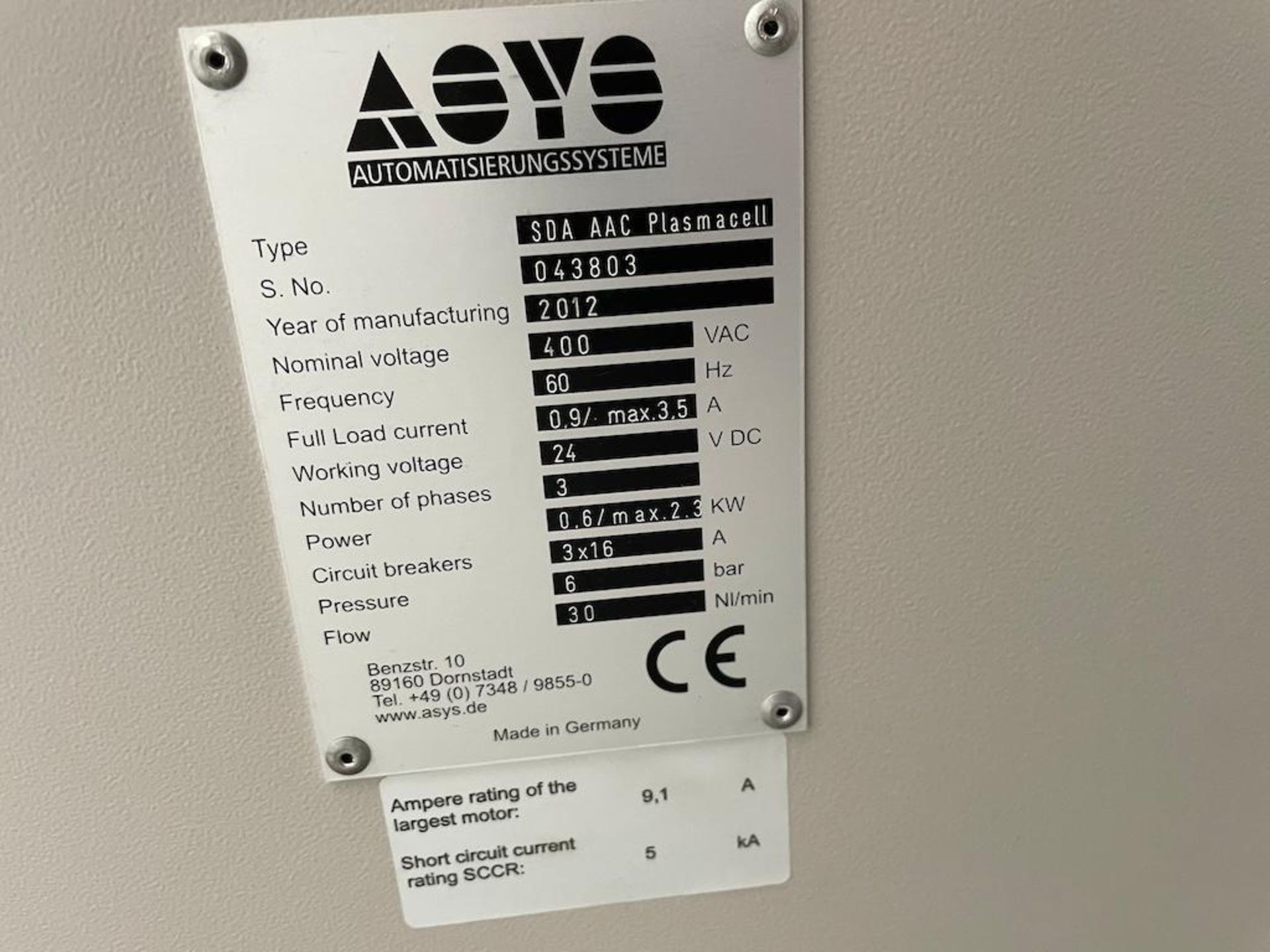 LOT (2) PCS INCLUDING: 2012 EKRA / ASYS MODEL XL 45. SN 805489 [97], 2012 ASYS SDA AAC PLASMACELL SN - Image 3 of 8