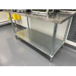 LOT (2) STAINLESS STEEL TABLES, 60 X 30 IN, 72 X 30 IN W BACK LIP EXCLUDES CONTENTS SOLD SEPARATELY