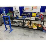 LOT HEAVY DUTY STEEL TABLE 10 FT X 30 IN, INCLUDING CONTENTS, 12 TON SHOP PRESS, DRILL PRESS, VISE,