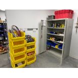 LOT METAL GREY CABINET W CONTENTS, 9 YELLOW BINS W WIRE CONTENTS [MAINTENANCE ROOM]