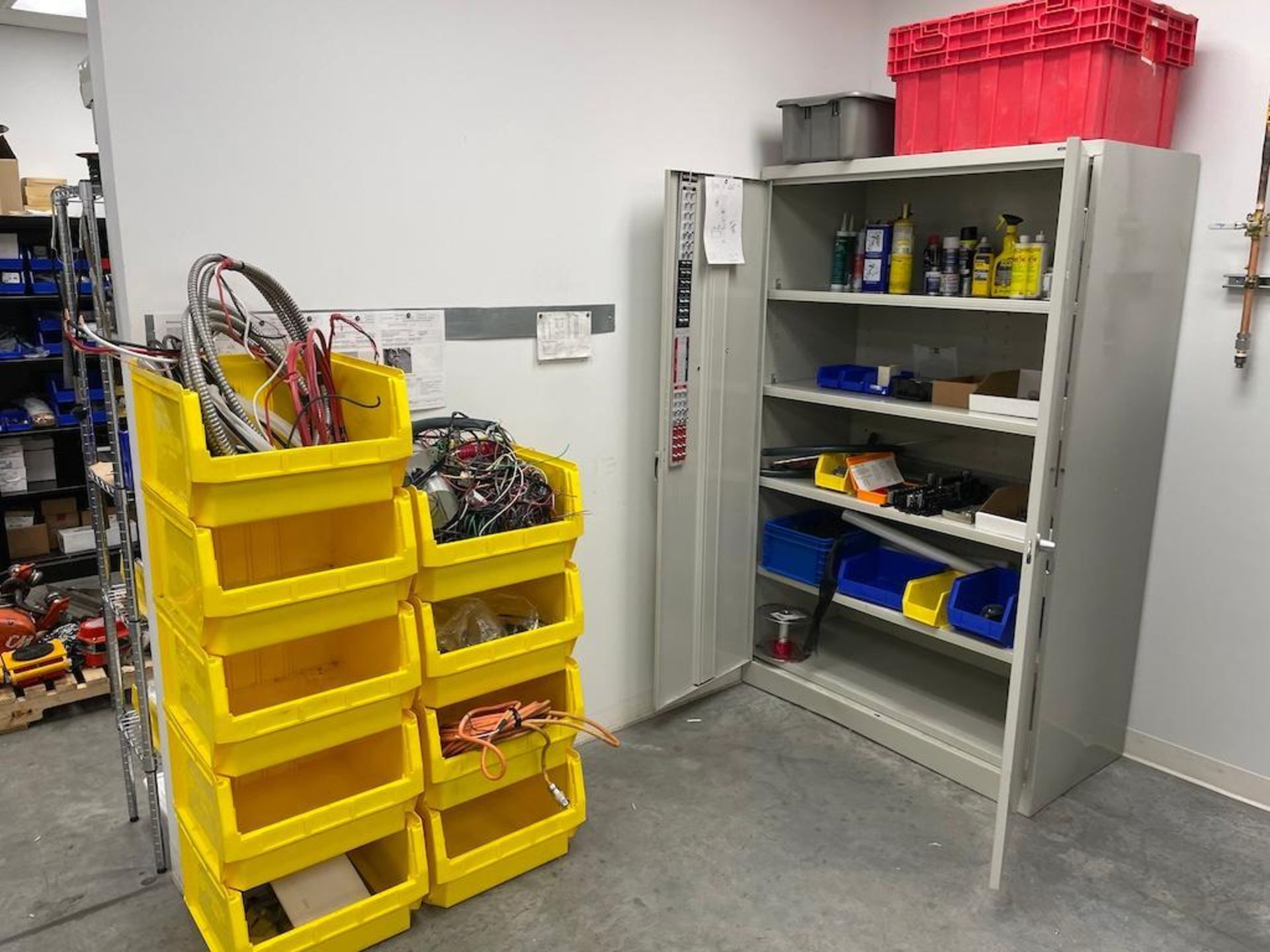 LOT METAL GREY CABINET W CONTENTS, 9 YELLOW BINS W WIRE CONTENTS [MAINTENANCE ROOM]