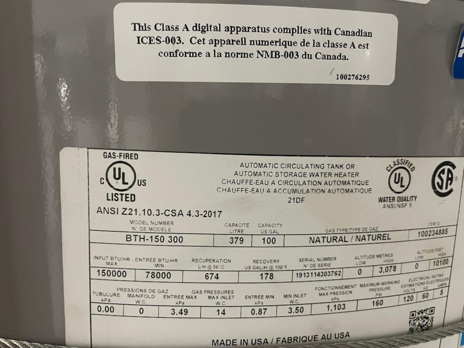 AO SMITH HOT WATER HEATERS, MODEL BTH-150 300, 379 LITRE CAPACITY, NATURAL GAS, MAX 150,000 BTUH [4T - Image 3 of 3