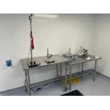 LOT KINEX CAPPERS ON STAND, ROTARY VACUUM PUMP, GLASS PRESSURE CHAMBER, (2) STAINLESS STEEL TABLES 4