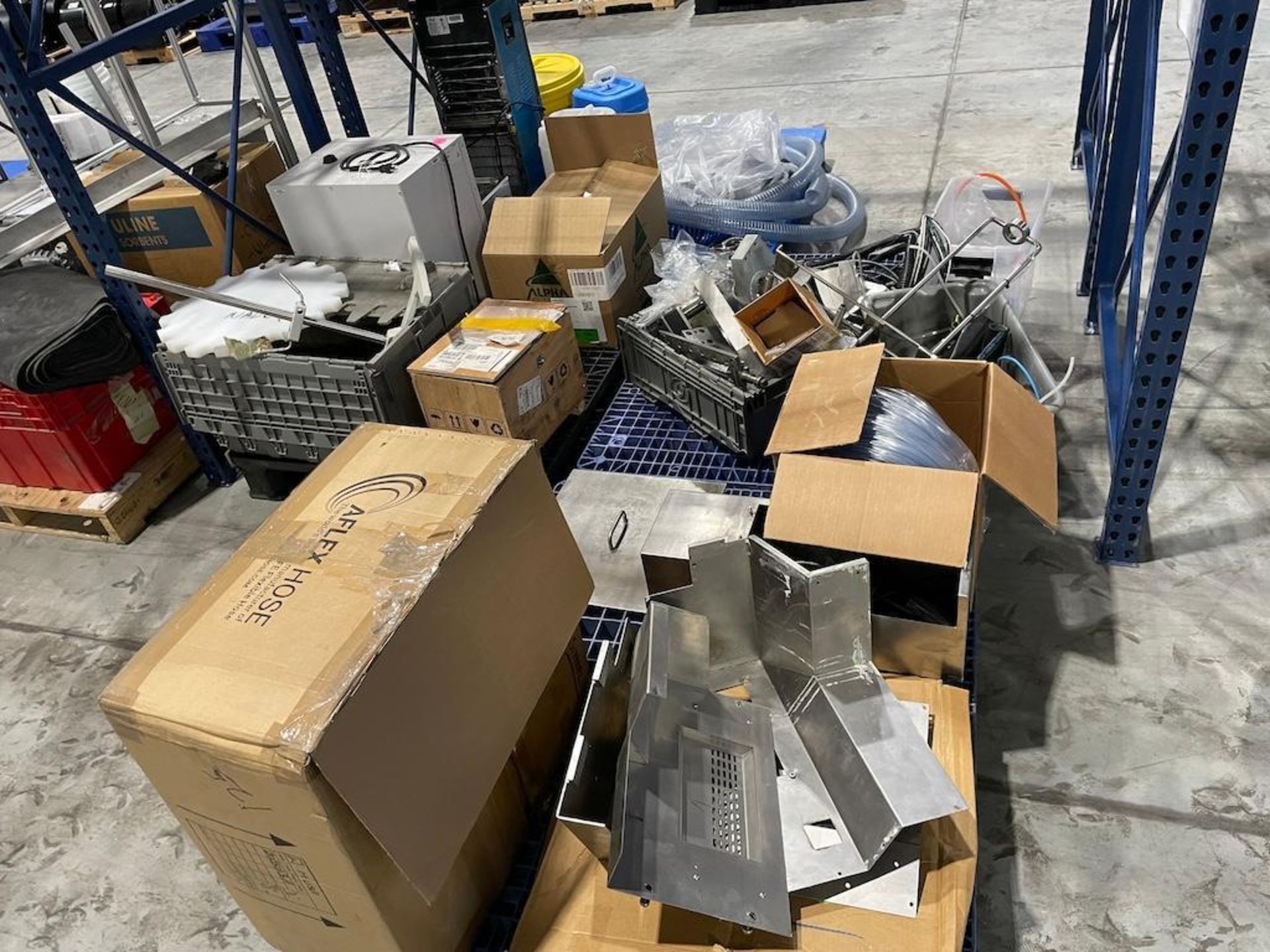 LOT (26) ASSORTED SKIDS OF COMPONENTS, PARTS, ELECTRICAL, (6) 50 GALLON BREW KETTLES, WELD SCREENS,