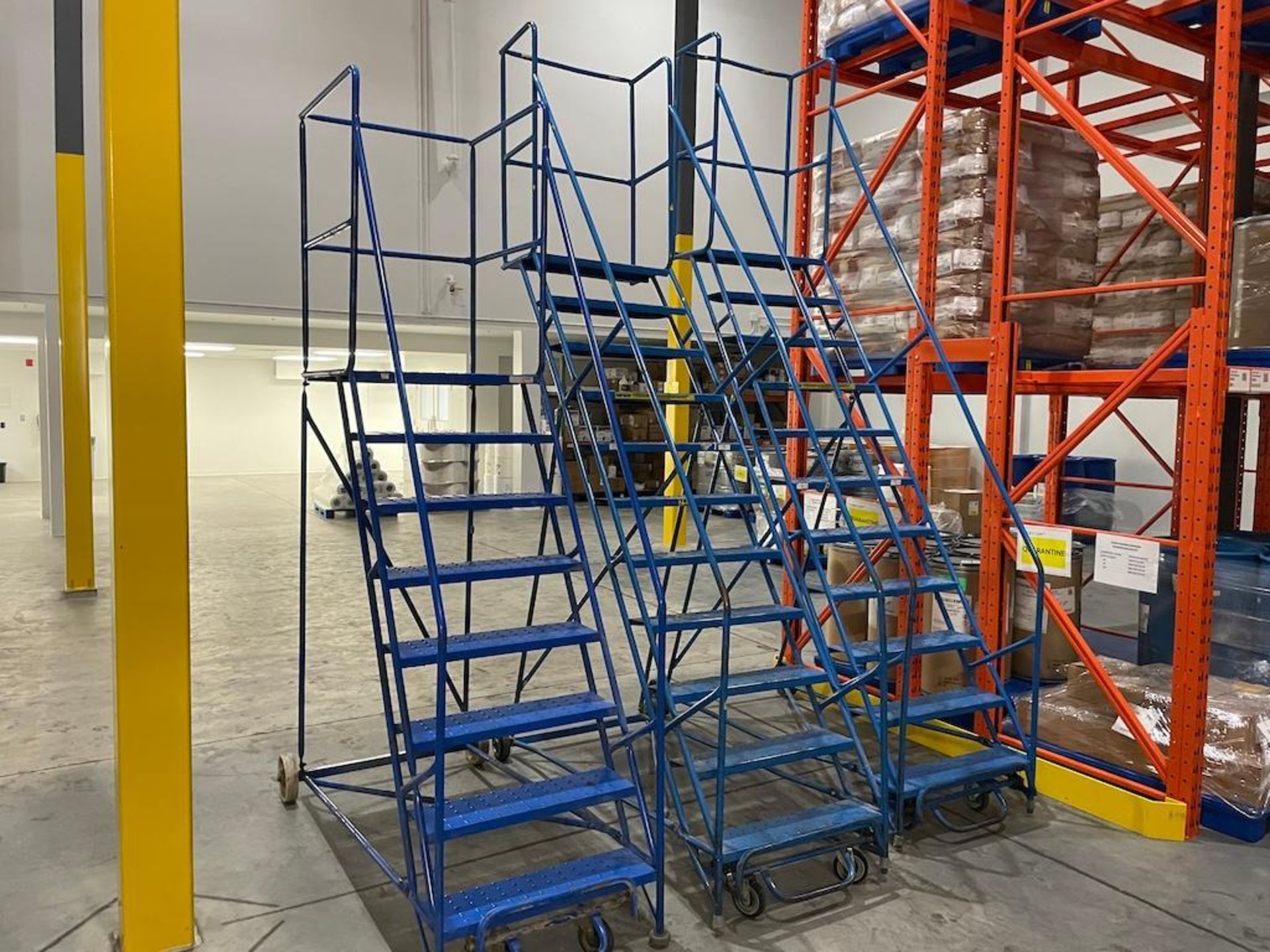 LOT (3) WAREHOUSE LADDERS, (2) 11 STEP, (1) 8 STEP [1ST FLOOR RACKING AREA]