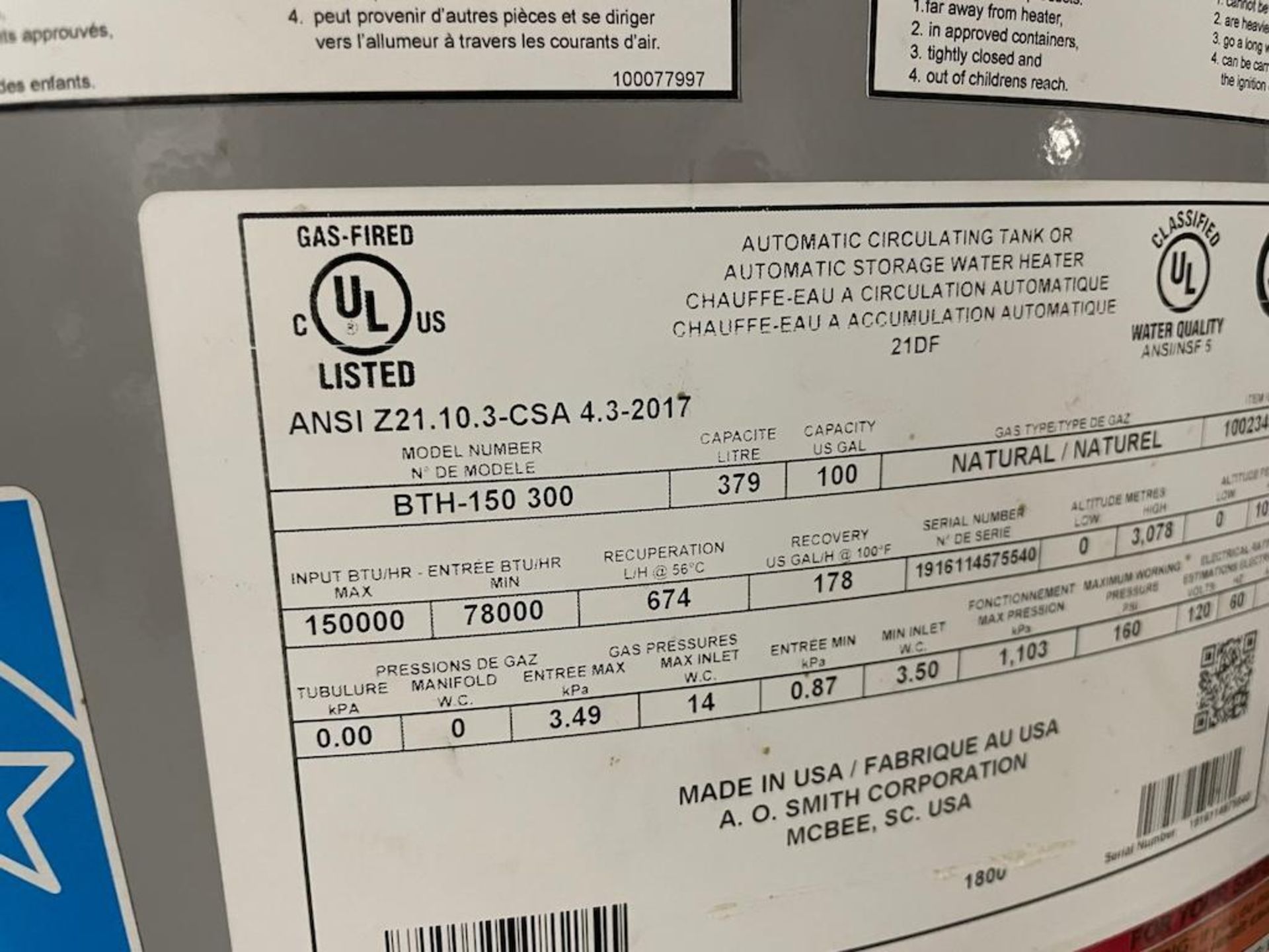 AO SMITH HOT WATER HEATERS, MODEL BTH-150 300, 379 LITRE CAPACITY, NATURAL GAS, MAX 150,000 BTUH [4T - Image 3 of 3