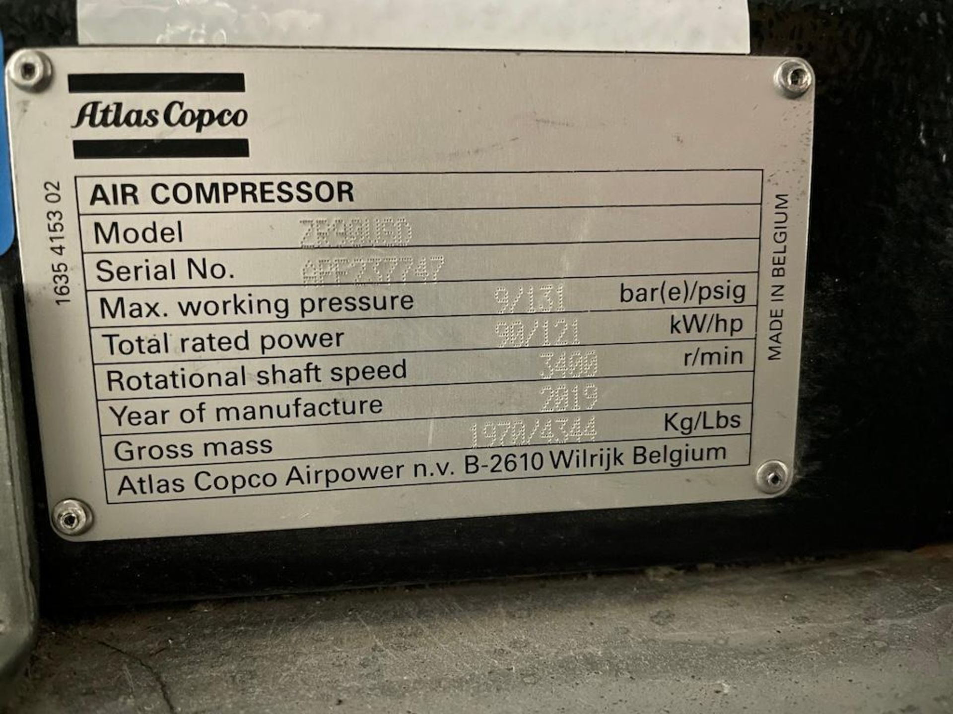 2019 ATLAS COPCO ZR 90 VSD AIR COMPRESSORS, 121 HP, 6808 HOURS AT TIME OF WRITING FEB 2, SN APF23774 - Image 3 of 12
