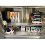 CONTENTS OF STAINLESS STEEL LAB DESKS IN LAB AREA A: GLASSWARE, GLOVES, TUBES, OFFICE, WIPES, BAGS,