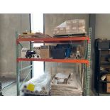 LOT RACKING W PACKAGING CONTENTS, FILM, CORNERS, PLASTIC, CABINET W CARDBOARD, SKID W PARAGON MACHIN