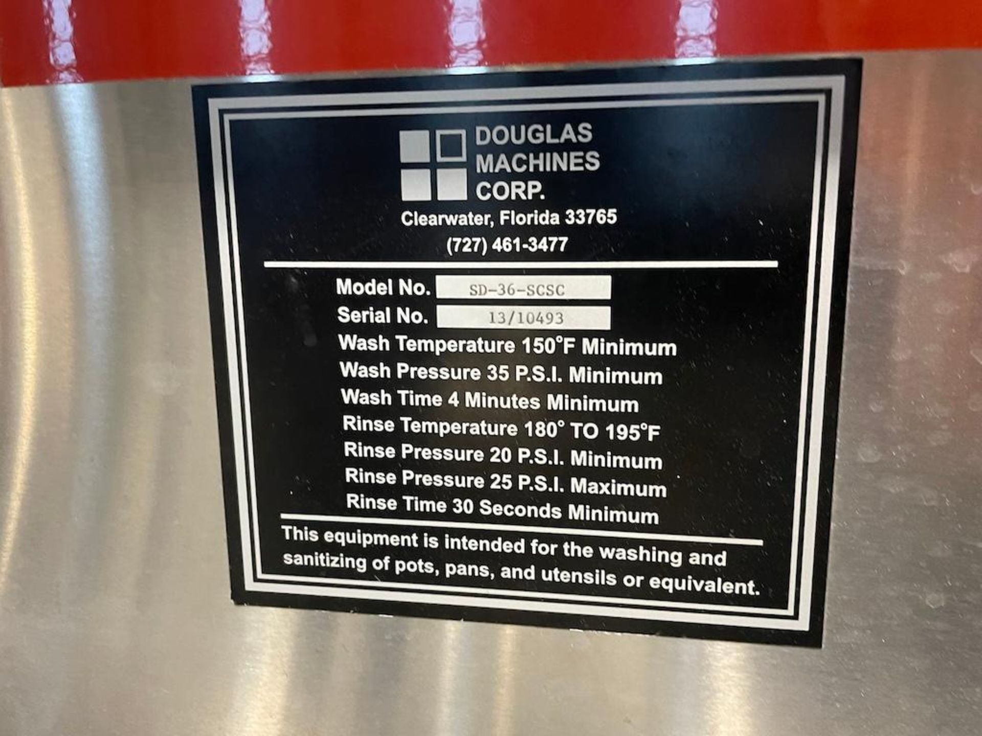 DOUGLAS TRAY WASHER MODEL SD-36-SCSC, 72 IN X 30 IN TRAY CAPACITY, MAX TEMP 195 DEG F, SN 13/10493 [ - Image 2 of 5