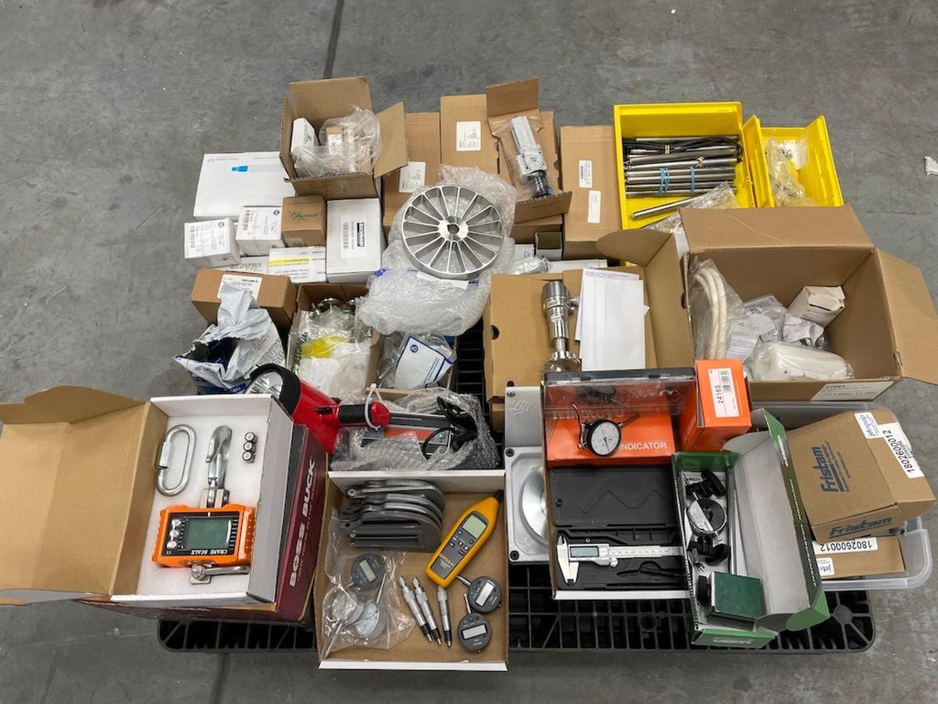 LOT ASSORTED FESTO GAUGES, CRANE SCALE, DIAL INDICATORS, BATTERY ASSEMBLY, STAINLESS STEEL COMPONENT