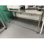 LOT (2) STAINLESS STEEL LAB TABLES APPROX 76 X 33 IN, 36 X 30 IN, (2) STAINLESS STEEL 2 DOOR CABINET