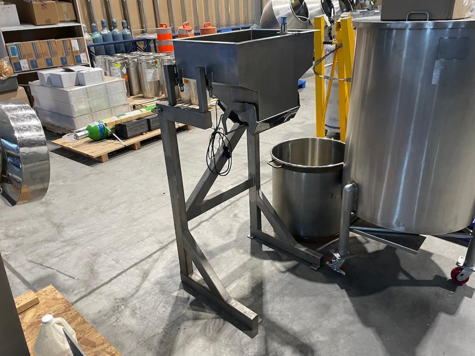 LOT (2) STAINLESS STEEL CONE HOPPERS ON 6 FT FLOOR STANDS, SQUARE HOPPER ON 4 FT STAND, 2 STAINLESS - Image 2 of 3