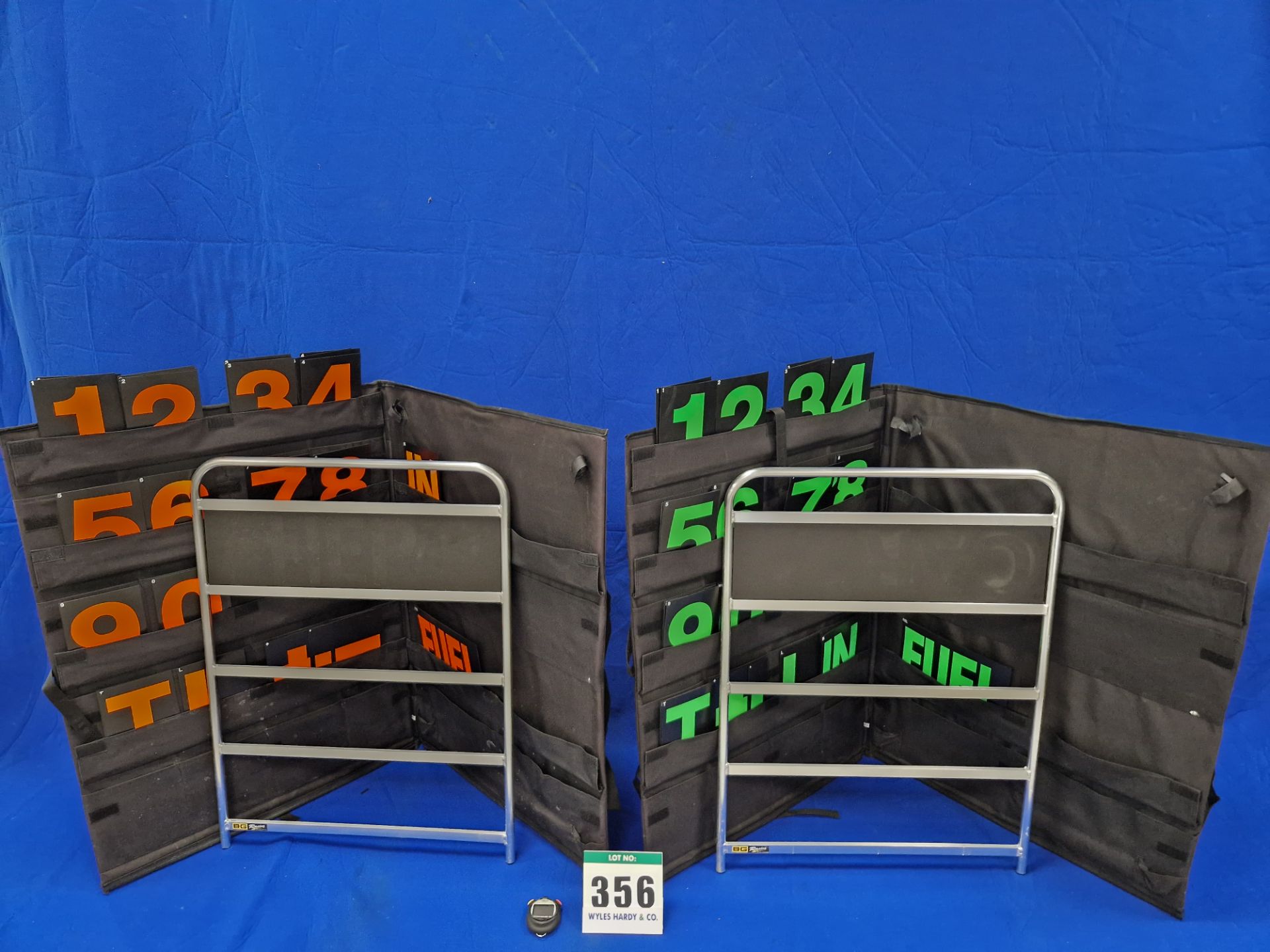 One Pair of BG RACING Pit Boards in Fabric Storage and Carry Cases with A FASTIME 21 Digital Stop