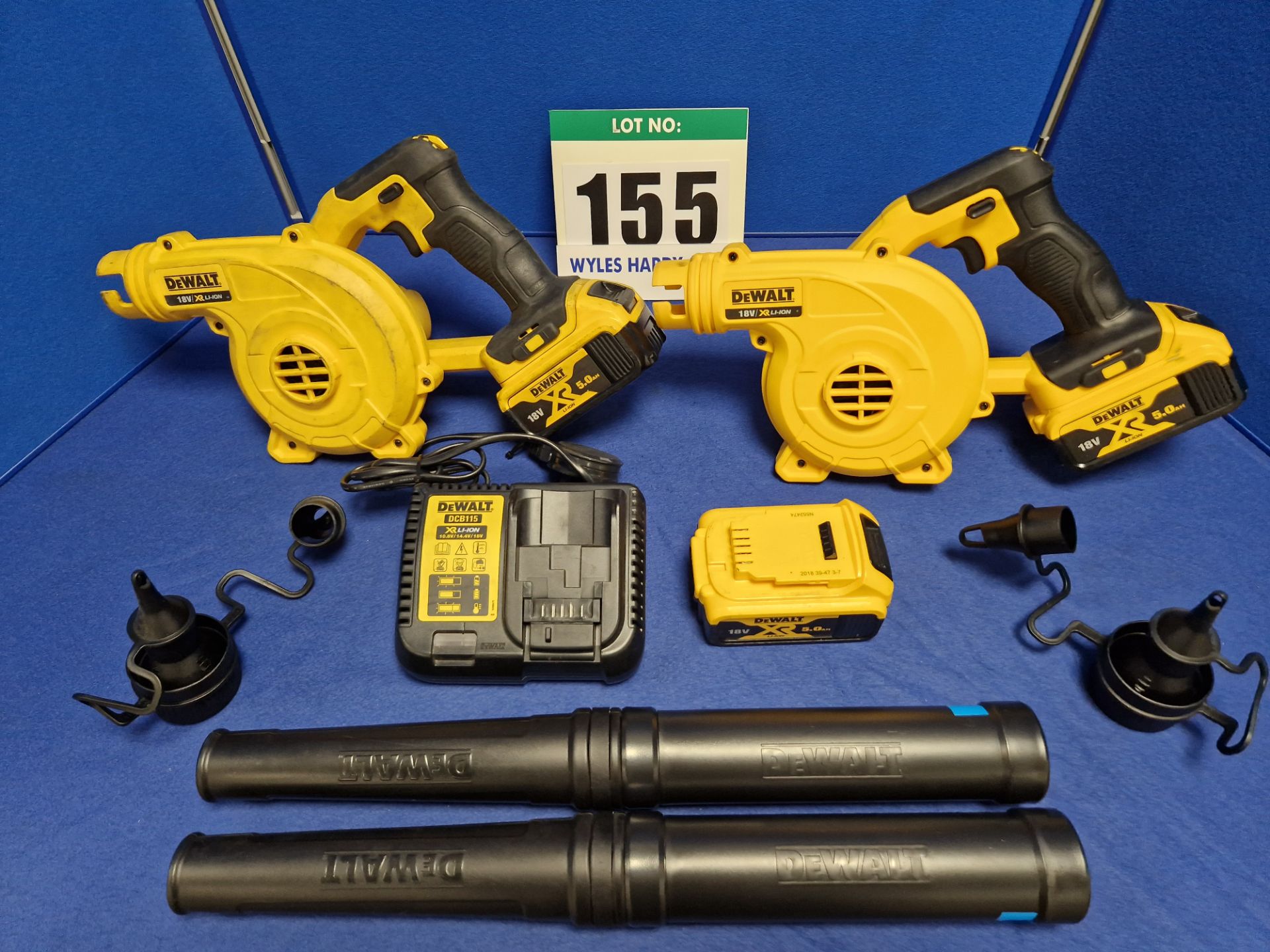 Two DEWALT DCV 100 Type 1 18V 3-Speed Leaf Blowers each with Single Battery and One Spare Battery,