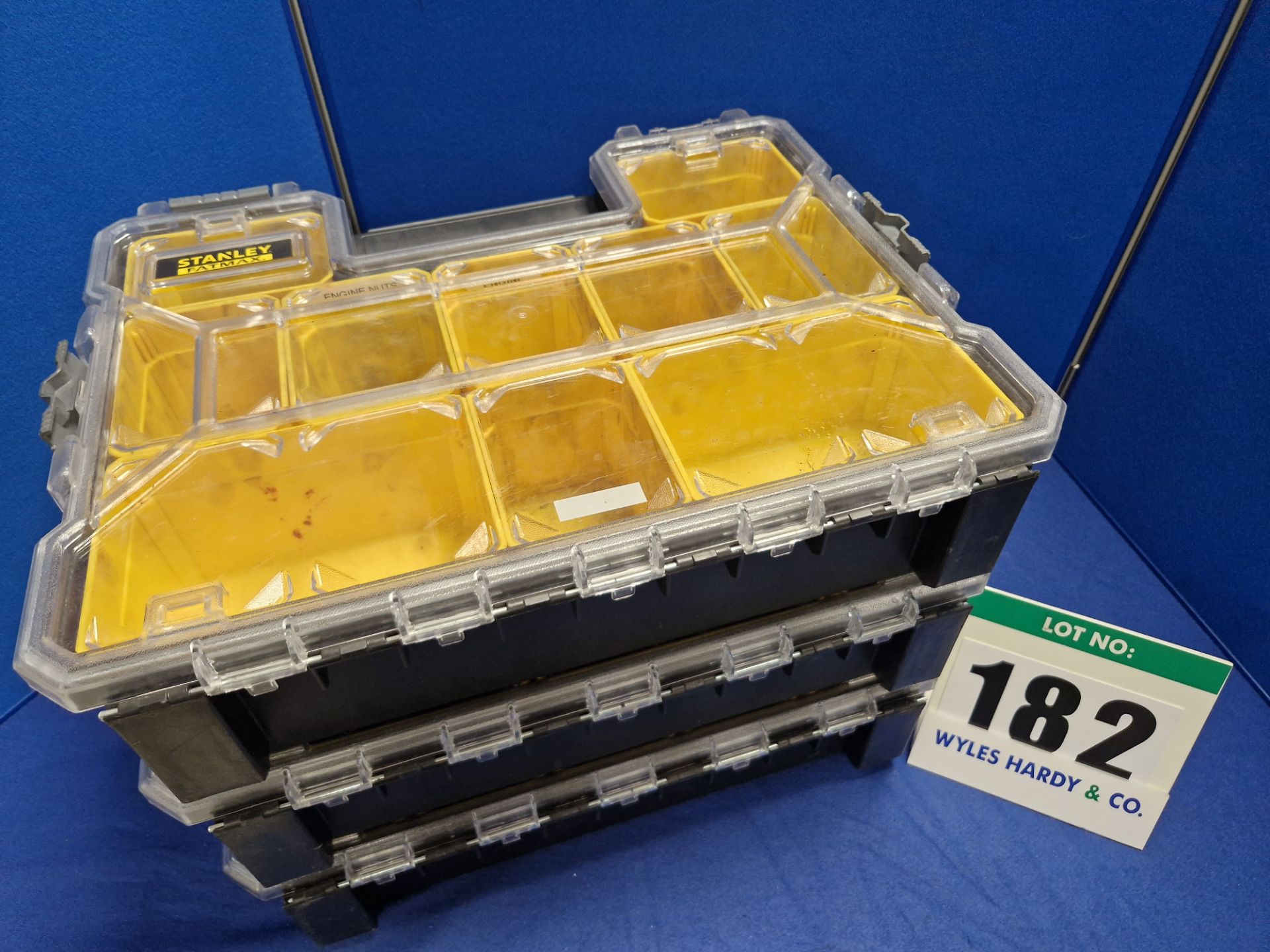 Three STANLEY Fatmax 10-Compartment Component Storage and Carry Cases