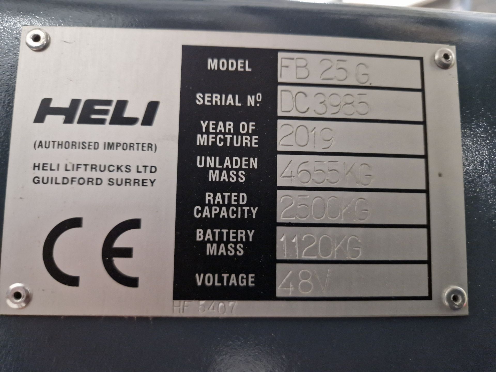 One HELI Model FB25G 2500Kg capacity Battery Electric Ride-On Counterbalance Forklift Truck, - Image 5 of 6