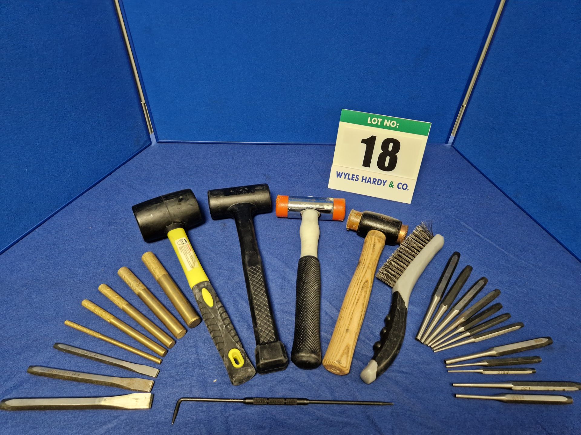 One Set of Various Hand Tools comprising:- One Set of Five Brass Drifts - 19mm/16mm/12mm/10mm/6mm,