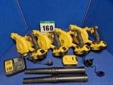 Four DEWALT DCV 100 Type 1 18V 3-Speed Leaf Blowers each with Single Battery and One Spare