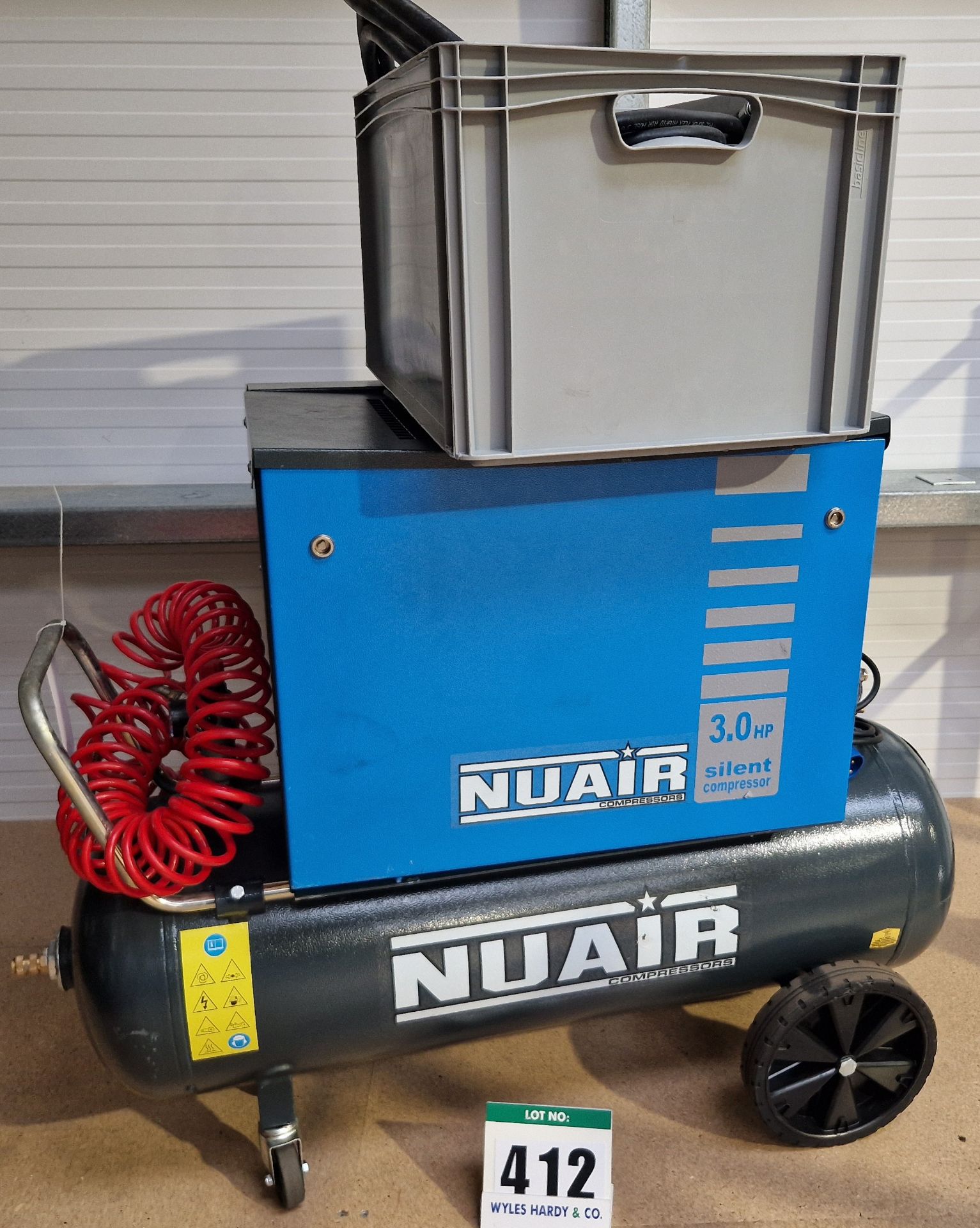 One NUAIR 3.0Hp Silent Cabinet Enclosed Air Compressor on A Wheeled 100-Litre Horizontal Welded