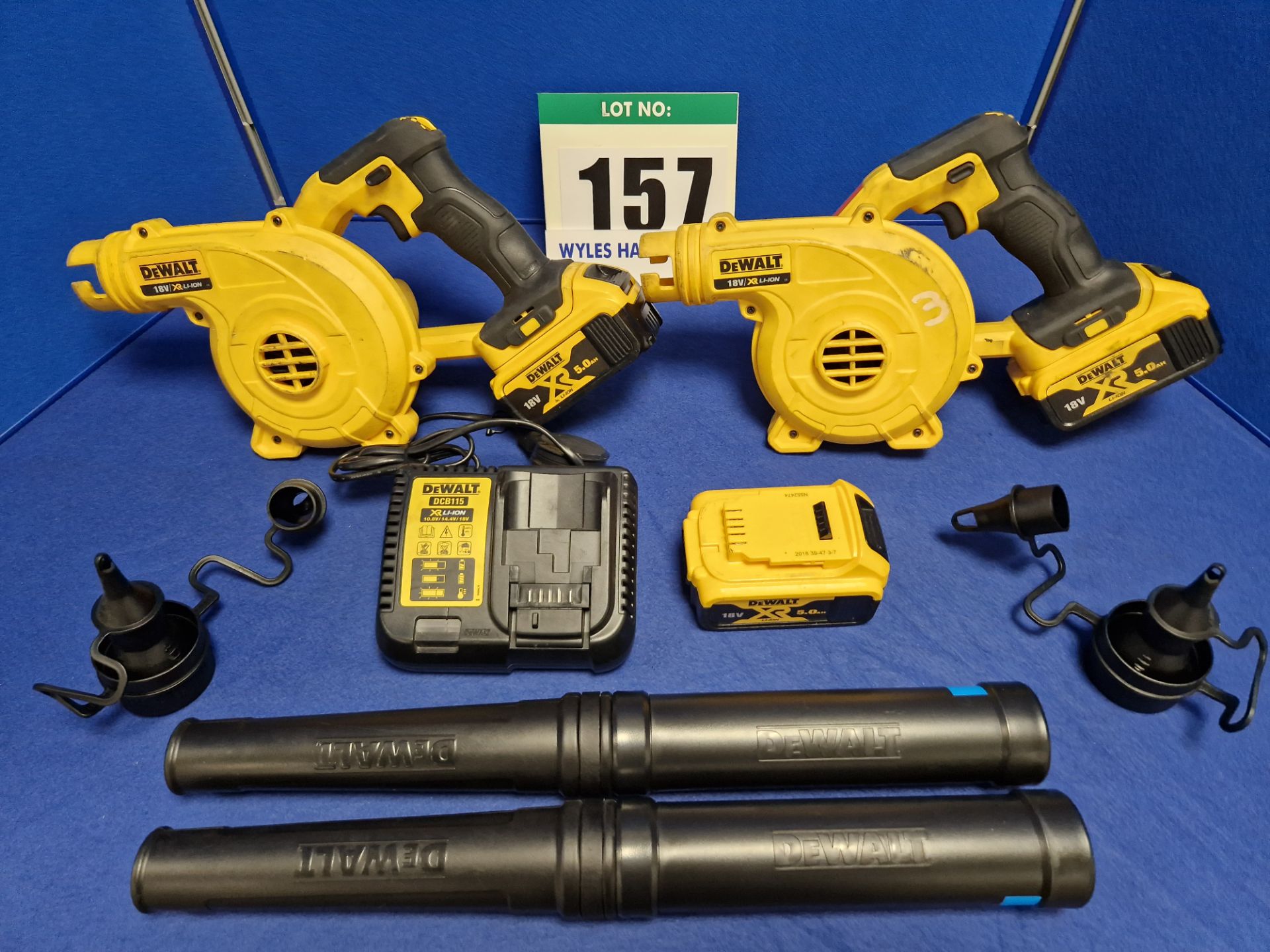 Two DEWALT DCV 100 Type 1 18V 3-Speed Leaf Blowers each with Single Battery and One Spare Battery,