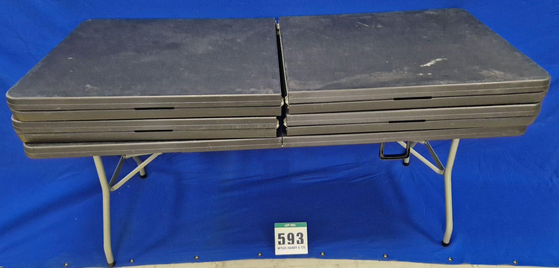 Five 6ft x 2ft 6 inch Black Plastic Folding Steel Framed Tables