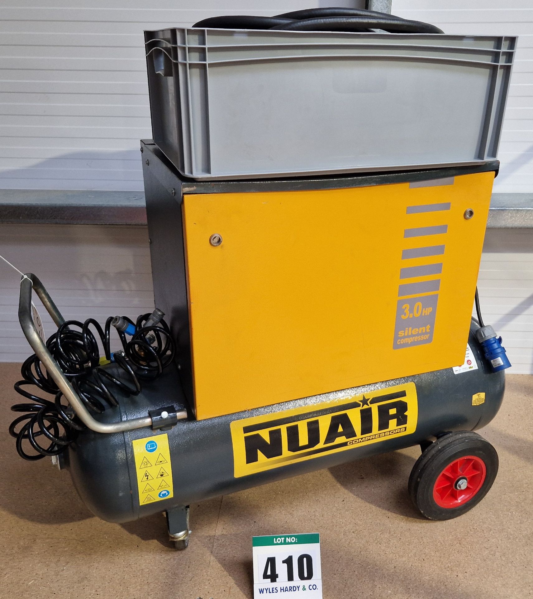 One NUAIR 3.0Hp Silent Cabinet Enclosed Air Compressor on A Wheeled 100-Litre Horizontal Welded