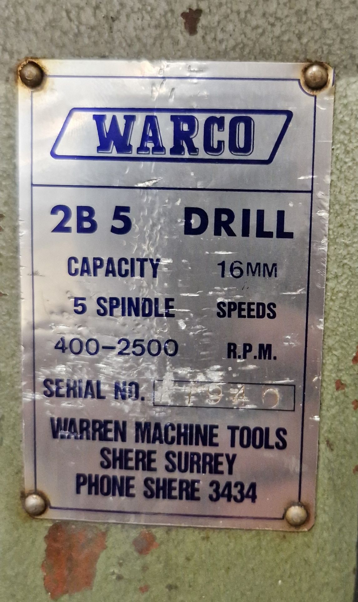 One WARCO 2B5 5-Speed Bench mounted Drill Press, Serial No. RT940 (240V AC) - Image 2 of 2