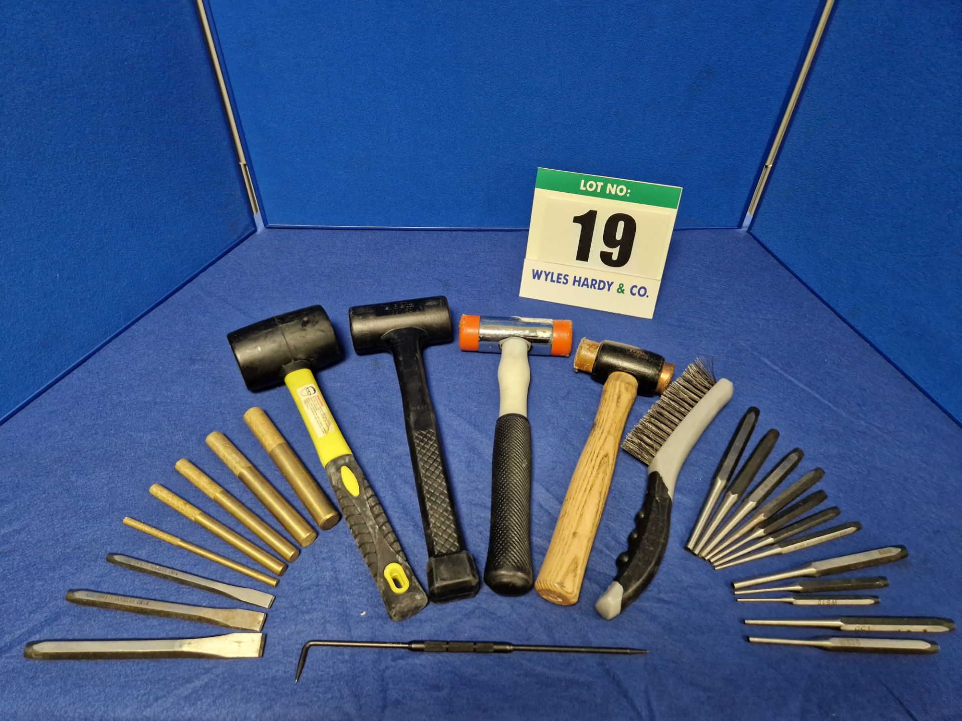 One Set of Various Hand Tools comprising:- One Set of Five Brass Drifts - 19mm/16mm/12mm/10mm/6mm,