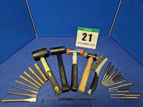 One Set of Various Hand Tools comprising:- One Set of Five Brass Drifts - 19mm/16mm/12mm/10mm/6mm,