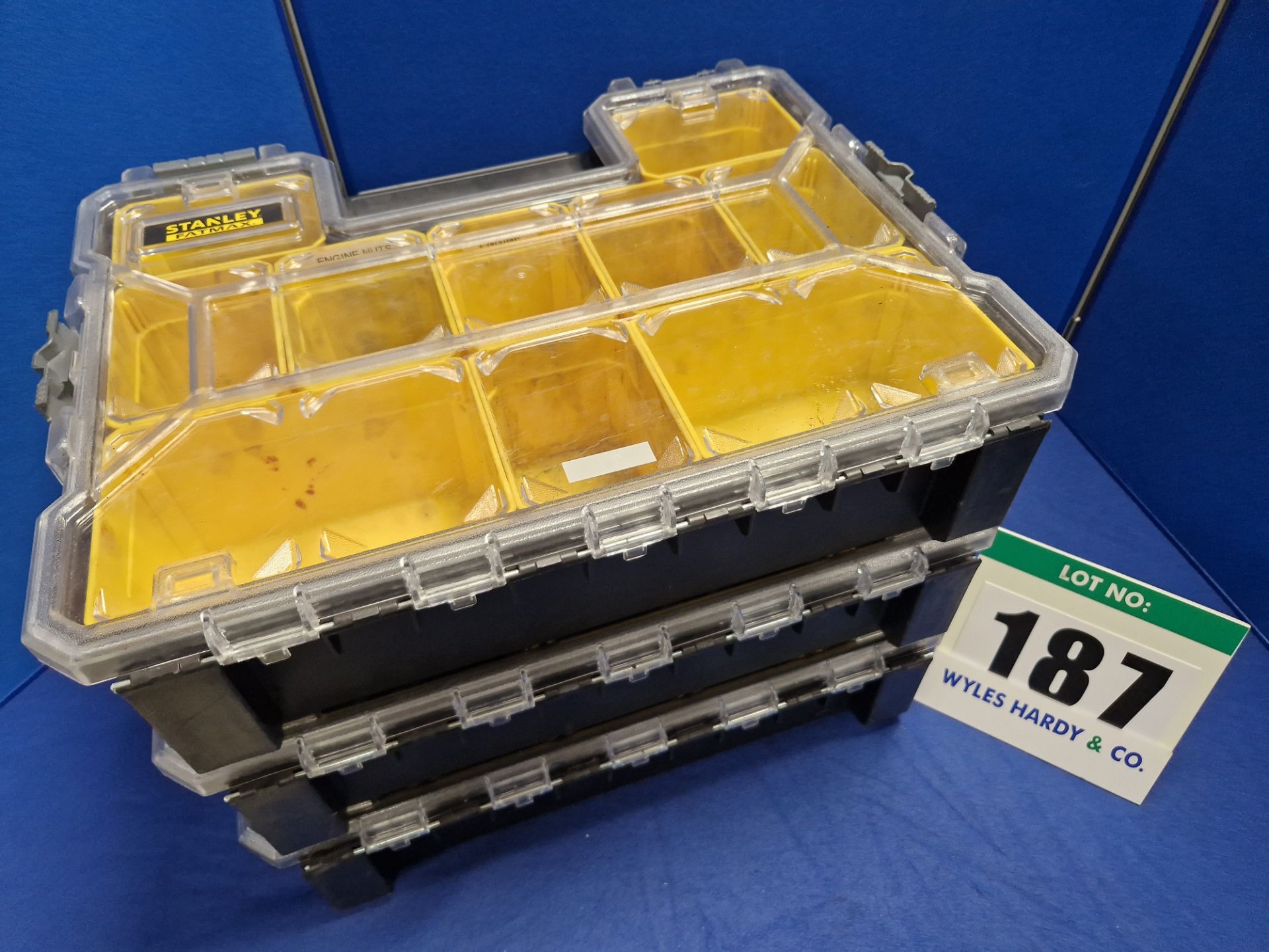 Three STANLEY Fatmax 10-Compartment Component Storage and Carry Cases