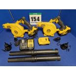 Two DEWALT DCV 100 Type 1 18V 3-Speed Leaf Blowers each with Single Battery and One Spare Battery,