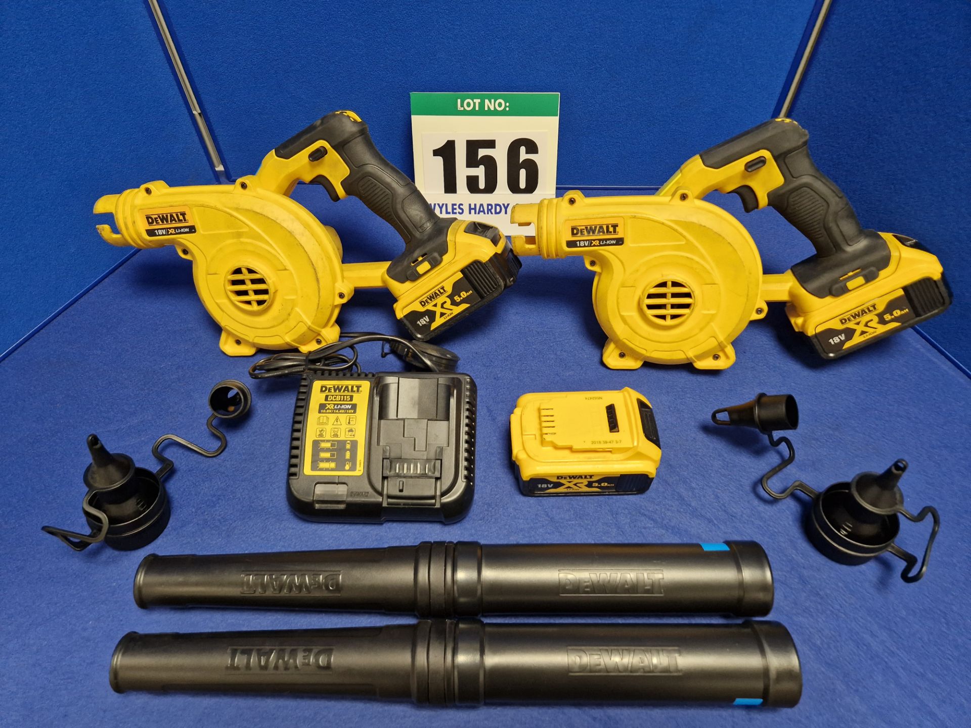 Two DEWALT DCV 100 Type 1 18V 3-Speed Leaf Blowers each with Single Battery and One Spare Battery,