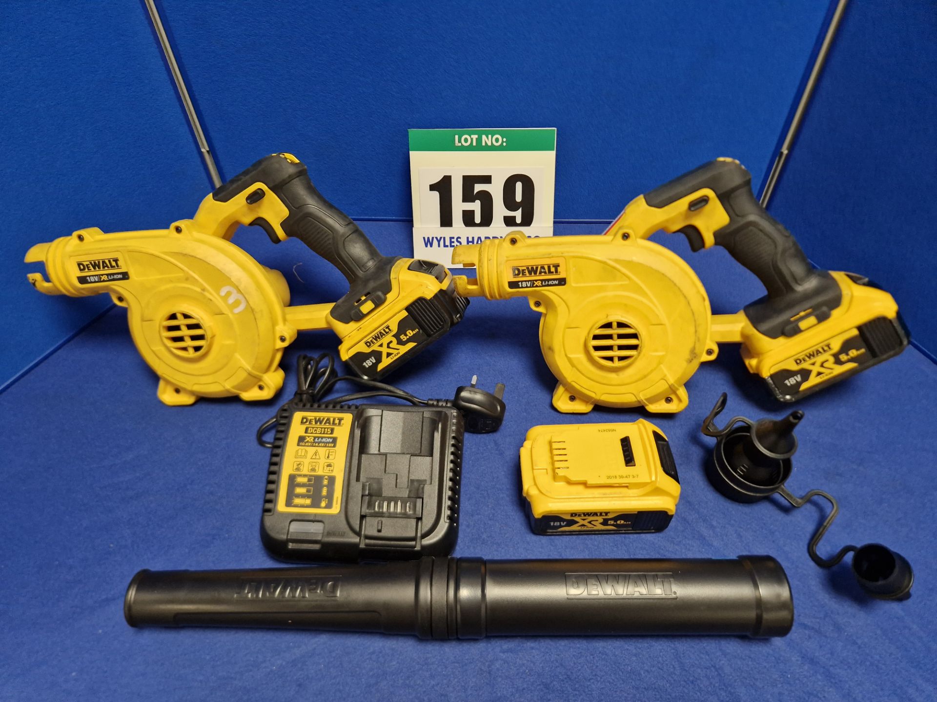 Two DEWALT DCV 100 Type 1 18V 3-Speed Leaf Blowers each with Single Battery and One Spare Battery,