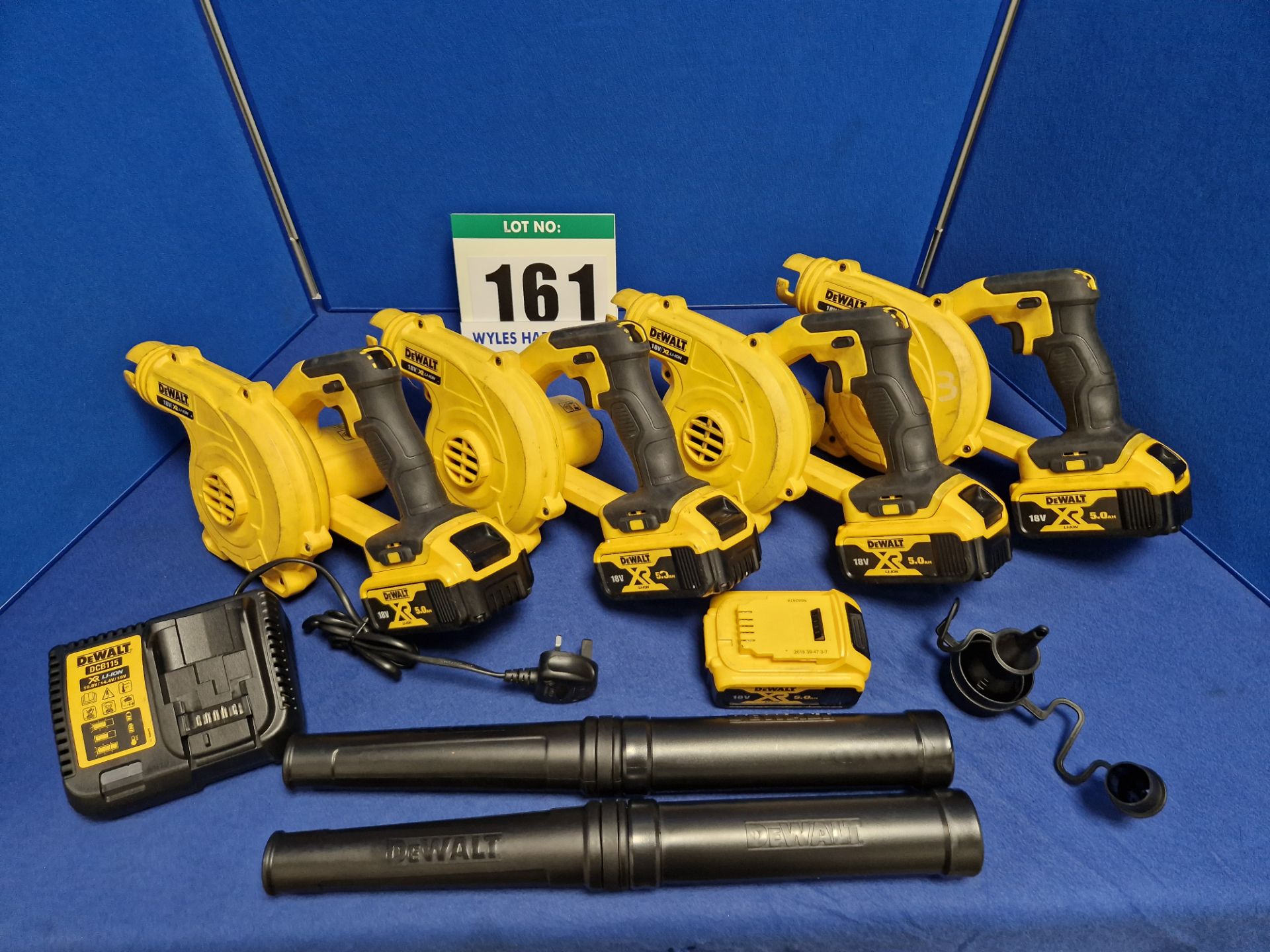 Four DEWALT DCV 100 Type 1 18V 3-Speed Leaf Blowers each with Single Battery and One Spare