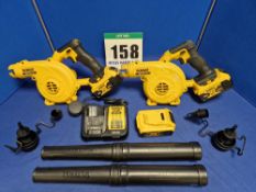 Two DEWALT DCV 100 Type 1 18V 3-Speed Leaf Blowers each with Single Battery and One Spare Battery,