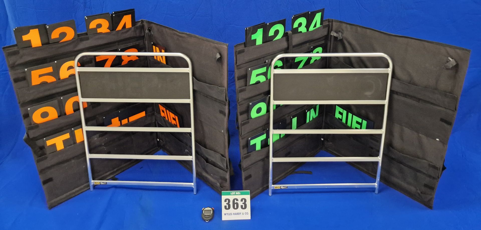 One Pair of BG RACING Pit Boards in Fabric Storage and Carry Cases with A FASTIME 21 Digital Stop