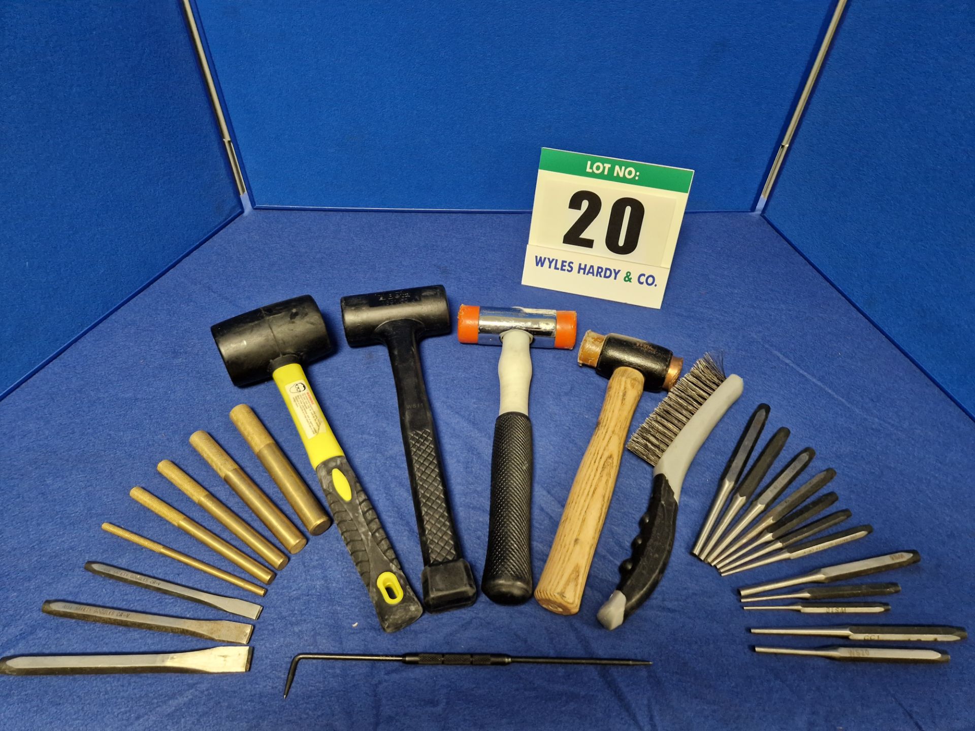 One Set of Various Hand Tools comprising:- One Set of Five Brass Drifts - 19mm/16mm/12mm/10mm/6mm,