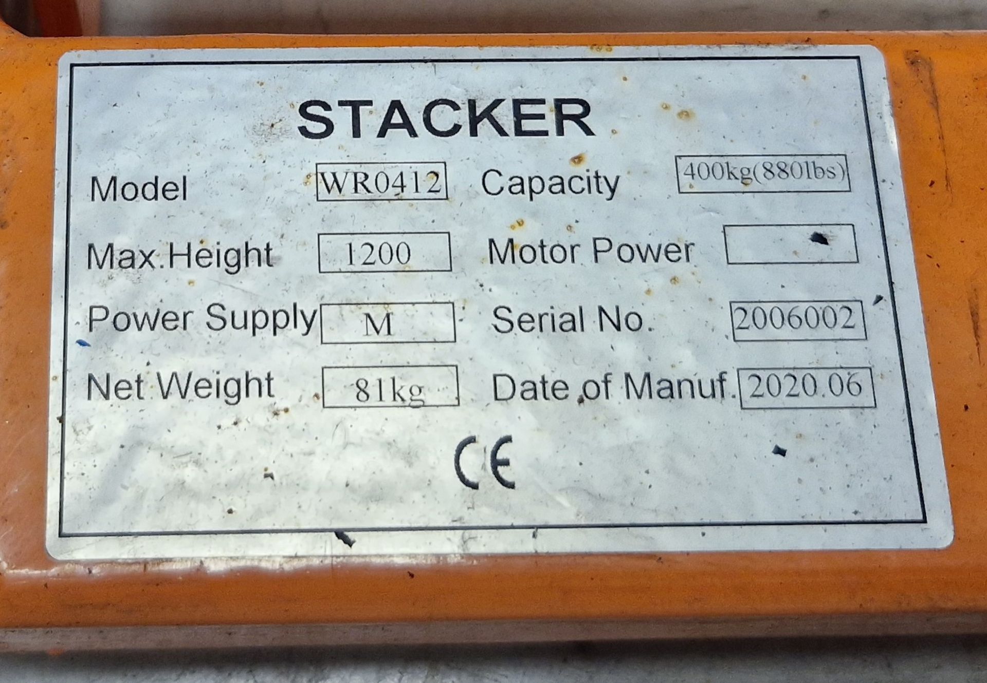 One STACKER Model WR0412 400Kg capacity Manual Hydraulic Pallet Stacker - Image 2 of 2