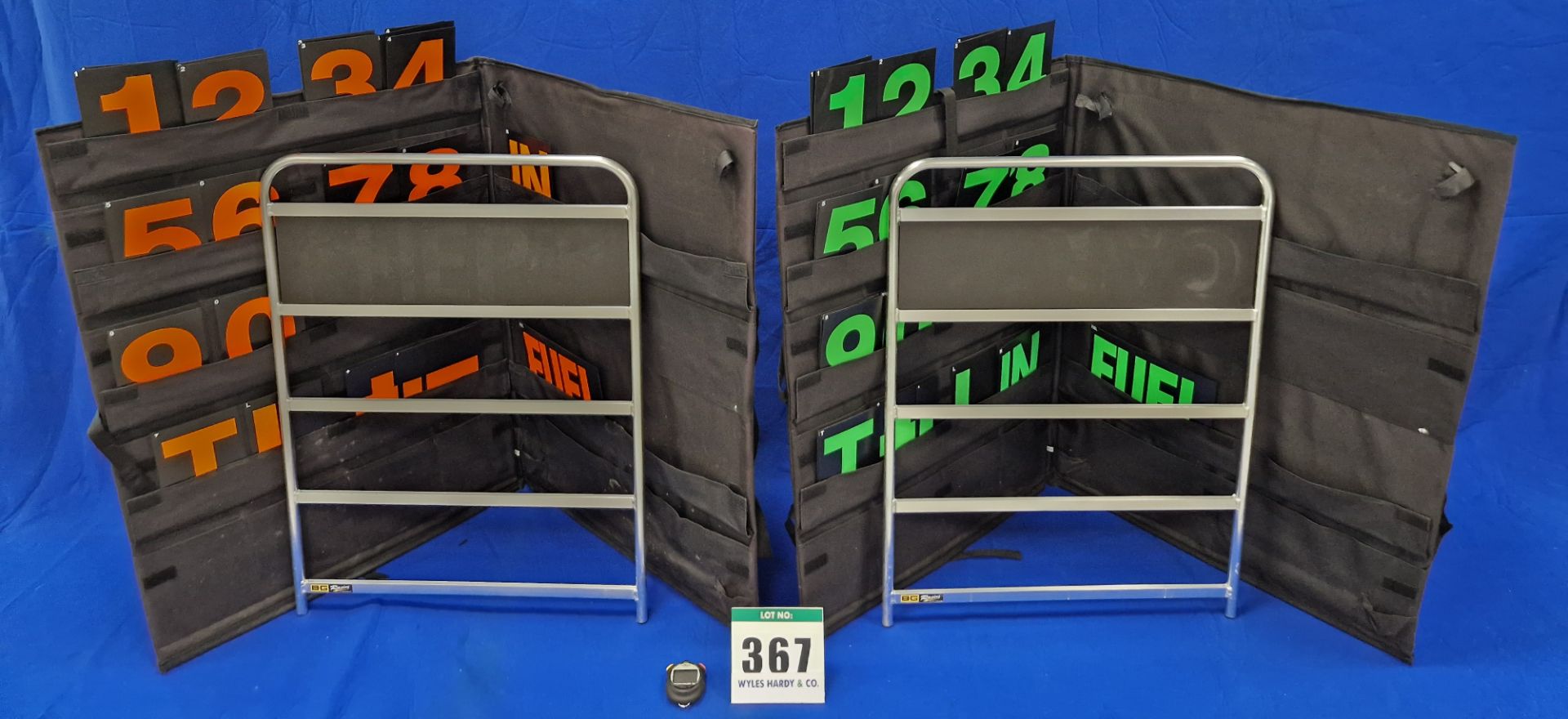 One Pair of BG RACING Pit Boards in Fabric Storage and Carry Cases with A FASTIME 21 Digital Stop