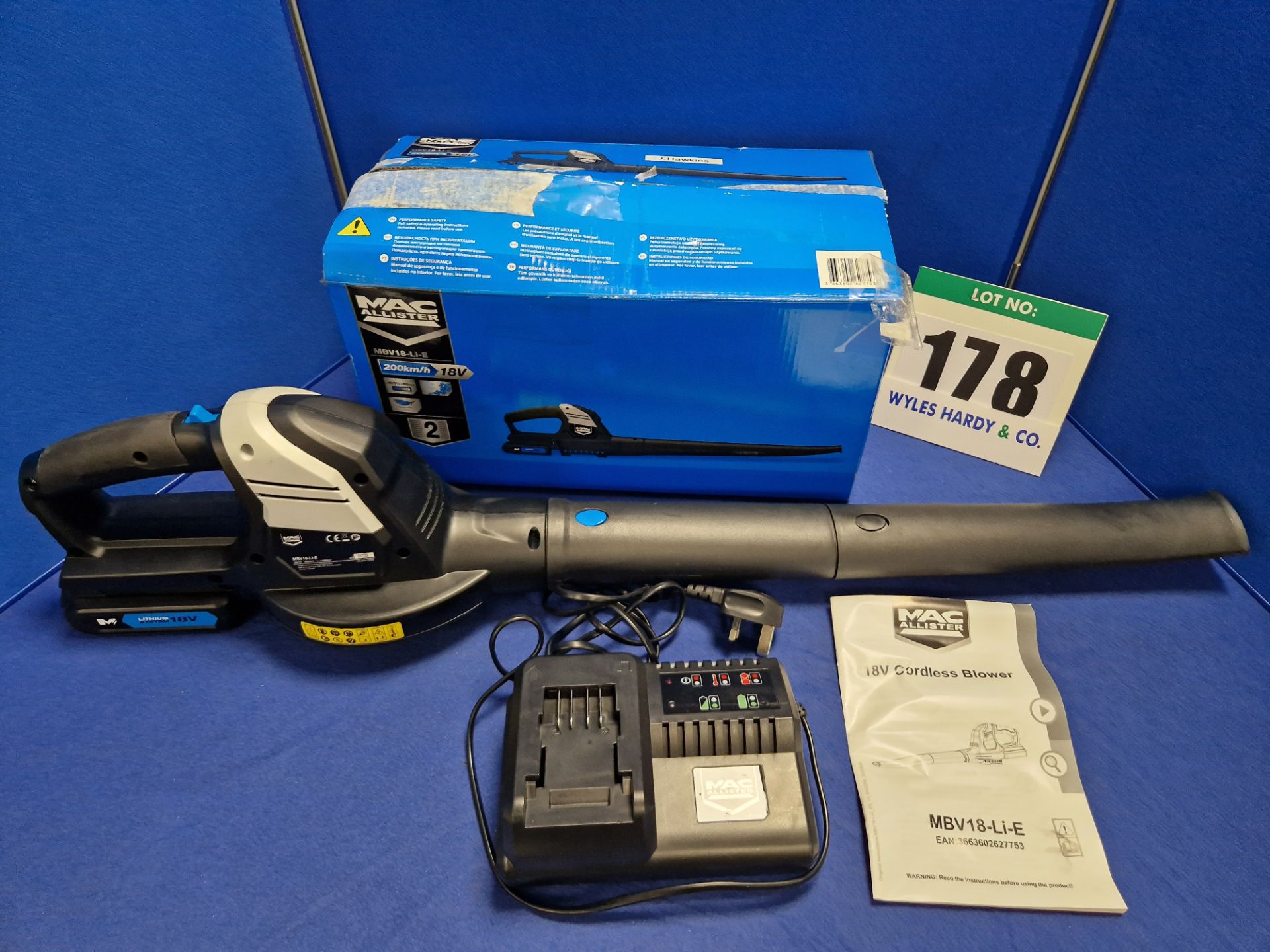 One MACALLISTER Battery Electric Leaf Blower with Battery Charger (Boxed and appears Unused)
