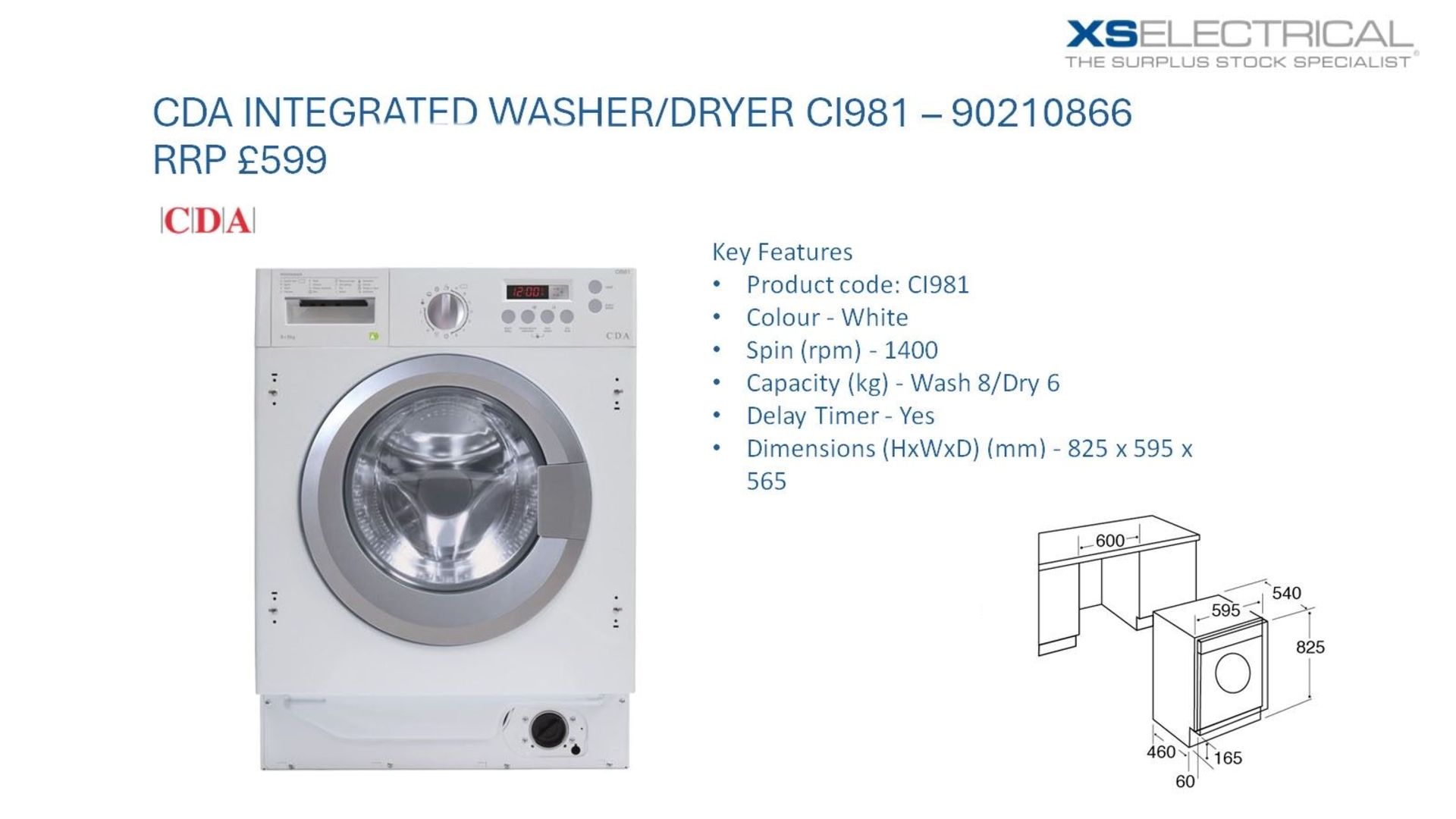 CDA Intergrated Washer / Dryer - Part Number CI981 - 1400 spin (RPM), 8kg Wash/ 6kg Dry -RRP £599