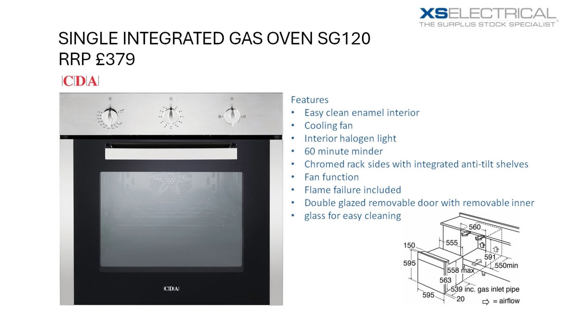 CDA Single Intergrated Stainless Steel Gas Oven Part Number SG120SS RRP379