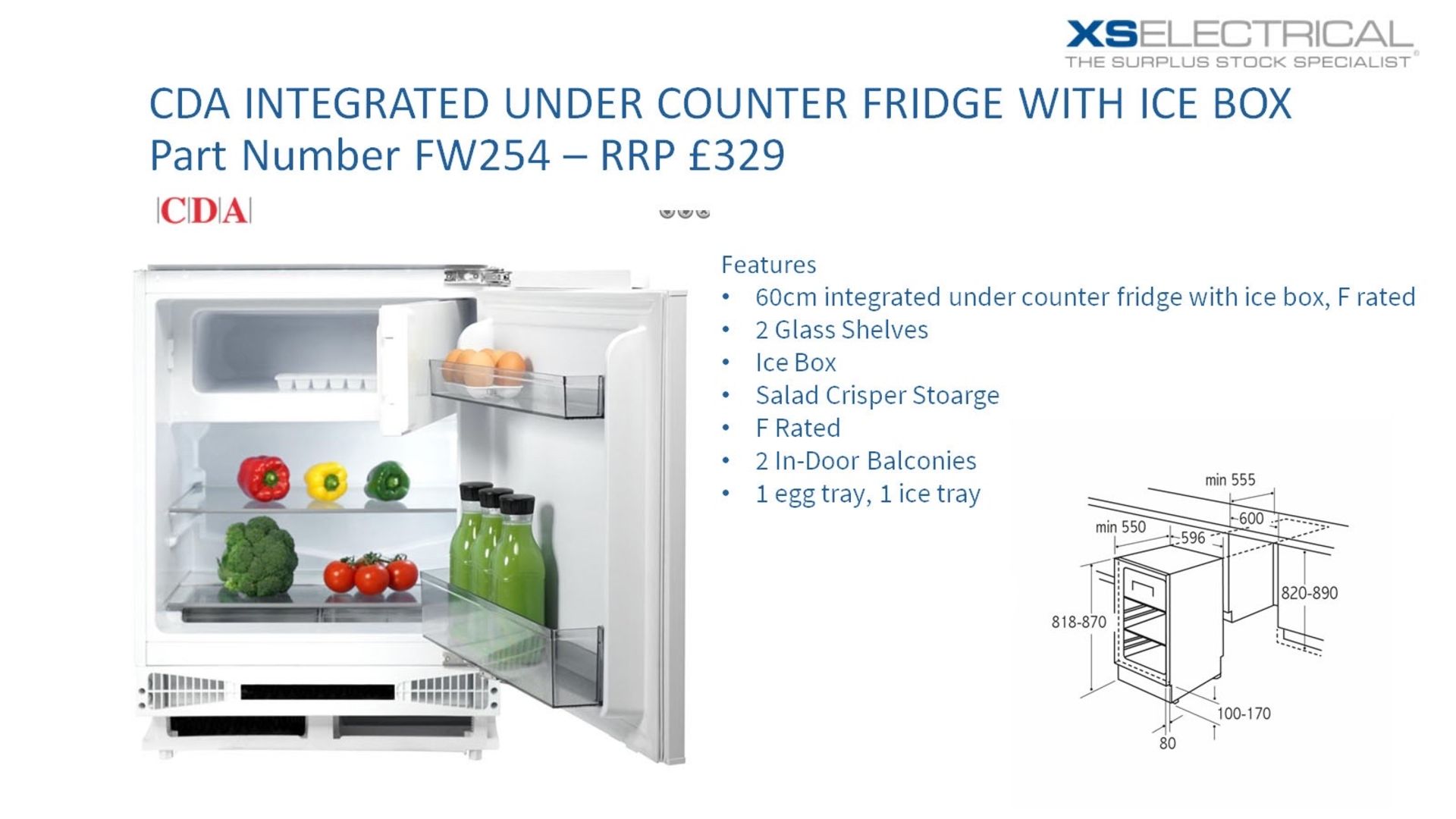 CDA Intergrated Under Counter Fridge with Ice Box - Part Number FW254 - RRP 329